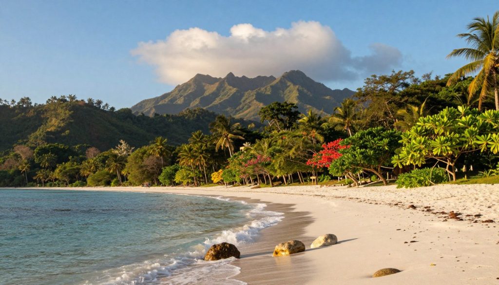 A breathtaking view of the Indonesian Archipelago showcasing its lush landscapes and serene beauty. In the foreground, gentle waves lap against a pristine white sandy beach dotted with smooth stones and vibrant green foliage. The middle of the scene features dense tropical forests enveloping rolling hills, while colorful tropical flowers add splashes of bright color throughout. In the background, majestic mountains rise dramatically under a clear blue sky with soft, fluffy clouds drifting lazily. The lighting captures the warm golden hour, creating a tranquil and inviting atmosphere. Balanced composition, with a sense of peaceful isolation, evokes a paradise for nature lovers. Ideal for highlighting Indonesia's stunning natural beauty.