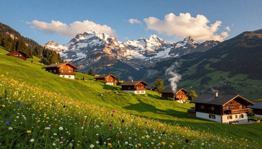 A breathtaking view of the Swiss Alps during the golden hour, showcasing rolling green hills dotted with colorful wildflowers in the foreground. In the middle ground, a picturesque alpine village features charming rustic wooden chalets with smoke rising from their chimneys. Majestic snow-capped peaks rise dramatically in the background under a clear blue sky, with a few fluffy white clouds casting soft shadows on the landscape. The lighting is warm and inviting, creating a tranquil and serene atmosphere. Capture the essence of natural beauty in Switzerland, emphasizing its lush scenery and idyllic charm, with a focus on vibrant colors and harmonious compositions.