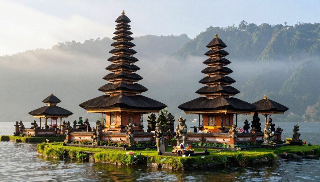 A breathtaking view of the historical temples of Bali, featuring the iconic Ulun Danu Beratan Temple surrounded by lush greenery and serene waters. In the foreground, intricately carved stone statues depicting Balinese mythology. The middle ground showcases the temple's tiered pagoda-style roofs, beautifully adorned with traditional offerings. In the background, the misty mountains create a tranquil and ethereal atmosphere, with soft morning light casting gentle rays over the landscape. The scene captures the rich cultural heritage and natural beauty of Bali. Use a wide-angle lens to emphasize depth, with a focus on vibrant colors and a serene, peaceful mood that invites exploration and admiration.