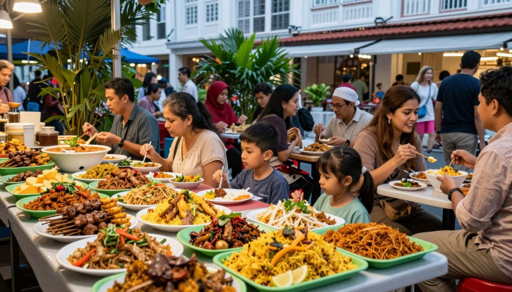 A bustling outdoor market scene in Singapore showcasing an array of halal food options. In the foreground, a colorful display of dishes such as satay, biryani, and vegetarian options on neatly arranged tables. In the middle ground, diverse groups of people, including families and friends, enjoying their meals, dressed in modest casual clothing, and engaged in lively conversation. The background features iconic Singaporean architecture and green tropical plants framing the scene. Soft, warm lighting illuminates the scene, suggesting a late afternoon atmosphere. Capture the vibrant colors of the food and the joyful interactions, emphasizing the sense of community and cultural diversity in this halal food haven.