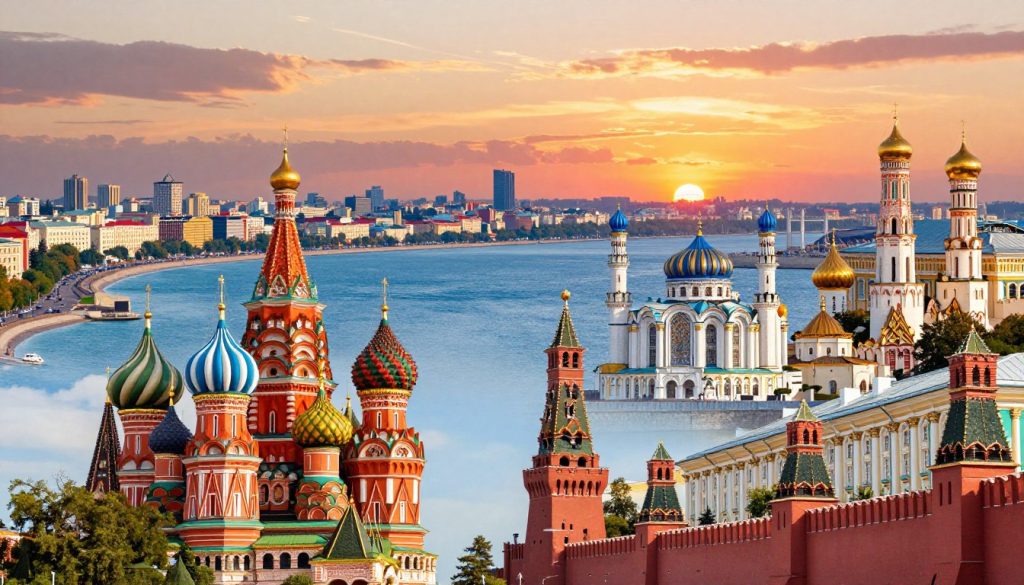 A captivating montage of Russia's top tourist cities: foreground features iconic landmarks like Moscow's Saint Basil's Cathedral and the Kremlin, along with Saint Petersburg's Peterhof Palace and Church of the Savior on Spilled Blood. The middle ground showcases Sochi's beautiful coastline with the Black Sea glistening, juxtaposed with Kazan’s elaborate Kul Sharif Mosque. The background captures a sunset sky with warm hues illuminating the skyline of each city, creating a dreamlike atmosphere. The image is composed using a wide-angle lens to encompass the grandeur of the architecture and natural landscapes, ensuring vivid colors and intricate details shine through. The overall mood is inviting and vibrant, ideal for inspiring travelers. The scene is free from any text or watermarks.