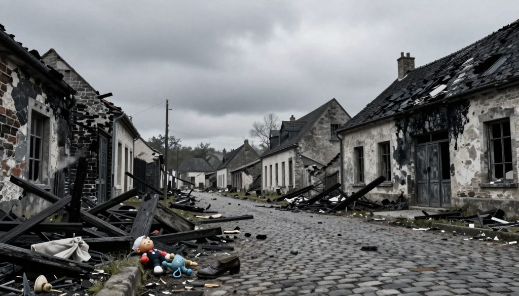 A haunting scene depicting the aftermath of the Oradour-sur-Glane massacre on June 10, 1944. In the foreground, the remnants of a destroyed village, with charred buildings, shattered windows, and debris scattered across the cobblestone streets. In the middle, glimpses of abandoned personal items—a child's toy, a woman's shoe—evoke a sense of tragedy and loss. The background features overcast skies, casting a somber gray light over the scene, enhancing the atmosphere of despair and mourning. A low-angle view captures the depth and devastation, inviting reflection on the historical significance of this site. The overall mood is poignant and reflective, emphasizing the weight of history and the silence of a once vibrant community.