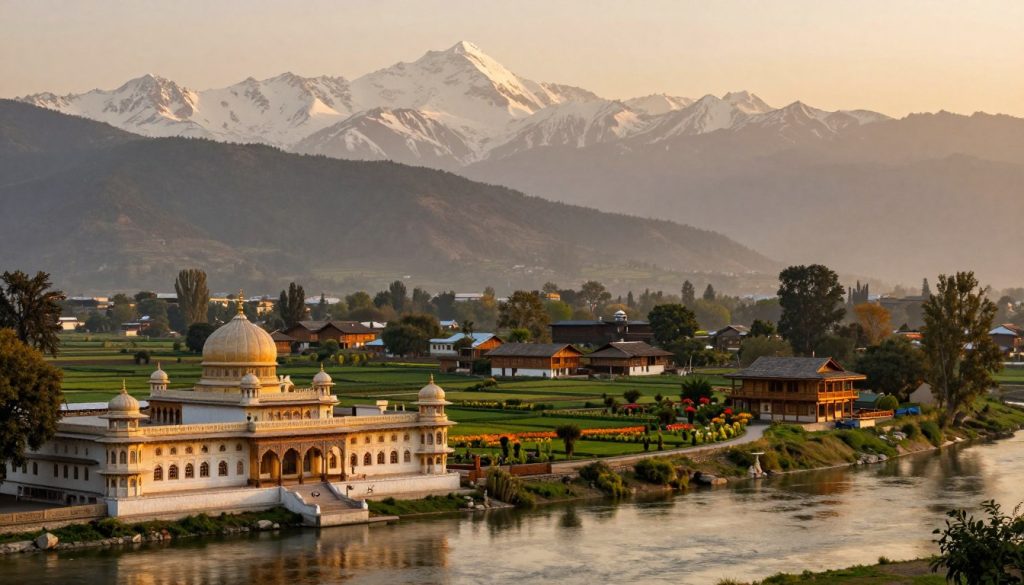 A historical depiction of Kashmir's rich heritage from ancient kingdoms to the early 20th century. In the foreground, a majestic ancient palace adorned with intricate architectural designs stands beside a serene river, reflecting the region's beauty. In the middle ground, lush terraced fields and vibrant gardens showcase the natural splendor, while traditional wooden houses highlight the rich cultural landscape. The background features majestic snow-capped mountains under a soft, golden sunset, casting warm light across the scene. Use a wide-angle lens to capture the vastness of the terrain, creating a serene yet contemplative mood that conveys the complex history and beauty of Kashmir. The atmosphere should feel peaceful, inviting reflections on the region's past.