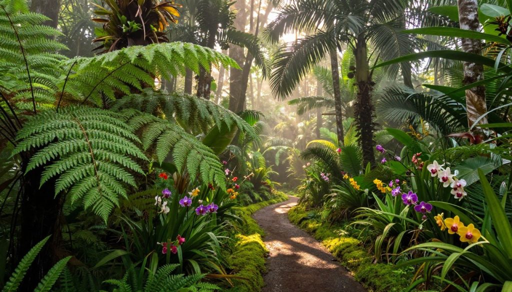 A lush rainforest in Malaysia showcasing the vibrant beauty of tropical flora. In the foreground, intricately detailed ferns with glistening droplets of dew, bright orchids, and towering palm trees. The middle ground reveals a winding, narrow path covered with soft, mossy ground, leading deeper into the forest. The background features a dense canopy of leaves with sunlight filtering through, casting a warm glow and creating dappled shadows on the ground. Incorporate mist hovering near the base of trees to evoke a sense of tranquility and mystery. Use soft, natural lighting to enhance the richness of greens and colorful flowers, capturing the serene and peaceful atmosphere of Malaysia's enchanting nature.