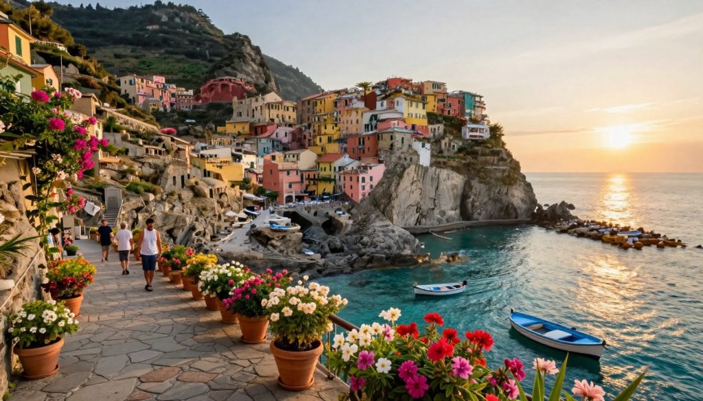 A picturesque coastal village in Italy, showcasing vibrant houses with pastel colors perched on rocky cliffs above a serene turquoise sea. In the foreground, a charming cobblestone pathway is lined with lush blooming flowers and terracotta pots, inviting viewers to explore. The middle ground reveals quaint fishing boats gently bobbing in the harbor, while locals enjoy the sun in modest casual attire. The background features dramatic cliffs and the setting sun casting a warm golden glow over the landscape, creating a tranquil atmosphere. The scene is captured with a wide-angle lens that emphasizes the depth and beauty of the coastline, bathed in soft, natural lighting that enhances the enchanting charm of the idyllic Italian villages.