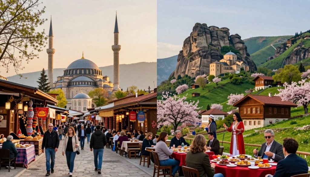 A picturesque landscape showcasing two contrasting tourist destinations: on the left, the vibrant streets of a Turkish city filled with colorful markets, ornate mosques, and bustling cafes under soft golden sunlight, embodying a rich cultural heritage. On the right, the serene mountainous backdrop of Georgia, with lush green hills, ancient monasteries perched atop cliffs, and traditional wooden homes nestled among cherry blossoms in early spring. The foreground features well-dressed tourists, engaged in exploring both destinations, enjoying local cuisine and vibrant street performances. The scene is set during the golden hour, capturing a warm and inviting atmosphere, with a slight depth of field to emphasize the beauty of both locations, creating a balanced and harmonious composition.