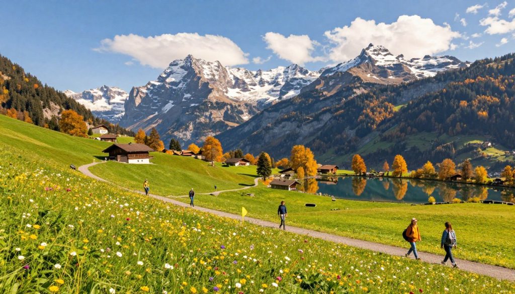 A picturesque portrayal of Switzerland's seasonal beauty, showcasing a vibrant landscape that embodies spring, summer, autumn, and winter. In the foreground, lush green meadows dotted with colorful blooming wildflowers, with hikers dressed in modest casual clothing exploring the trails. The middle ground features majestic Swiss mountains, glimmering under soft sunlight. A serene alpine lake reflects the stunning peaks, surrounded by golden trees in fall foliage. In the background, a clear blue sky with fluffy white clouds enhances the tranquil atmosphere. The image captures the essence of the best times to visit Switzerland, with lighting that conveys a warm and inviting mood, and a wide-angle lens perspective to encapsulate the grandeur of this breathtaking scenery.