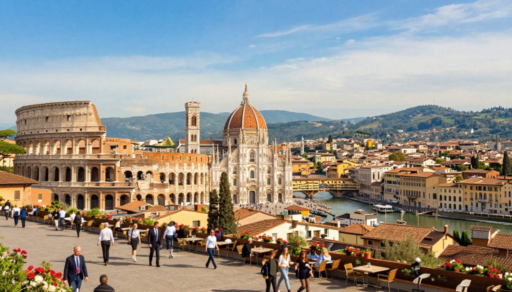 A picturesque view featuring key landmarks from Italy's main cities: Rome, Milan, Florence, Venice, Como, and Naples. In the foreground, vibrant street life showcases people in professional attire and casual clothing navigating bustling piazzas adorned with flowers and cafes. The middle ground highlights architectural marvels: the Colosseum in Rome, the stunning Duomo in Milan, the Ponte Vecchio in Florence, and the canals of Venice with gondolas. Majestic hills surround Lake Como, while Naples boasts its lively streets. The background captures rolling hills and the vibrant blue sky, suggesting a warm sunny day. Use soft, natural lighting to evoke a feeling of warmth and richness, employing a wide-angle perspective to encompass the diversity of Italy's cultural heritage.