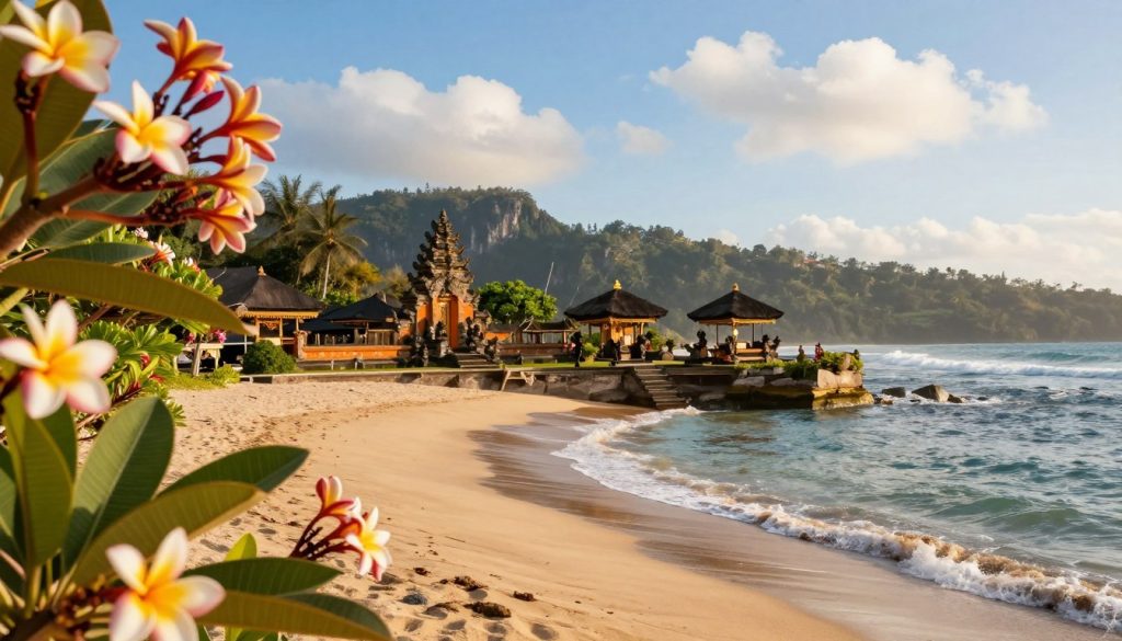 A picturesque view of Bali, Indonesia, showcasing a harmonious blend of stunning beaches and elaborate temples. In the foreground, vibrant plumeria flowers frame the image, leading to a serene beach with soft, golden sand and gentle waves lapping at the shore. The middle ground features a traditional Balinese temple, intricately carved and adorned with lush greenery, bathed in warm sunlight. In the background, majestic cliffs rise against a clear blue sky, dotted with fluffy white clouds. The scene is infused with a tranquil, inviting atmosphere, capturing the essence of this tropical paradise. The lighting is warm and soft, reminiscent of a late afternoon glow, enhancing the vivid colors of the scenery. The angle is slightly elevated, providing a sweeping view that emphasizes the beauty of Bali's landscapes without any human subjects present.