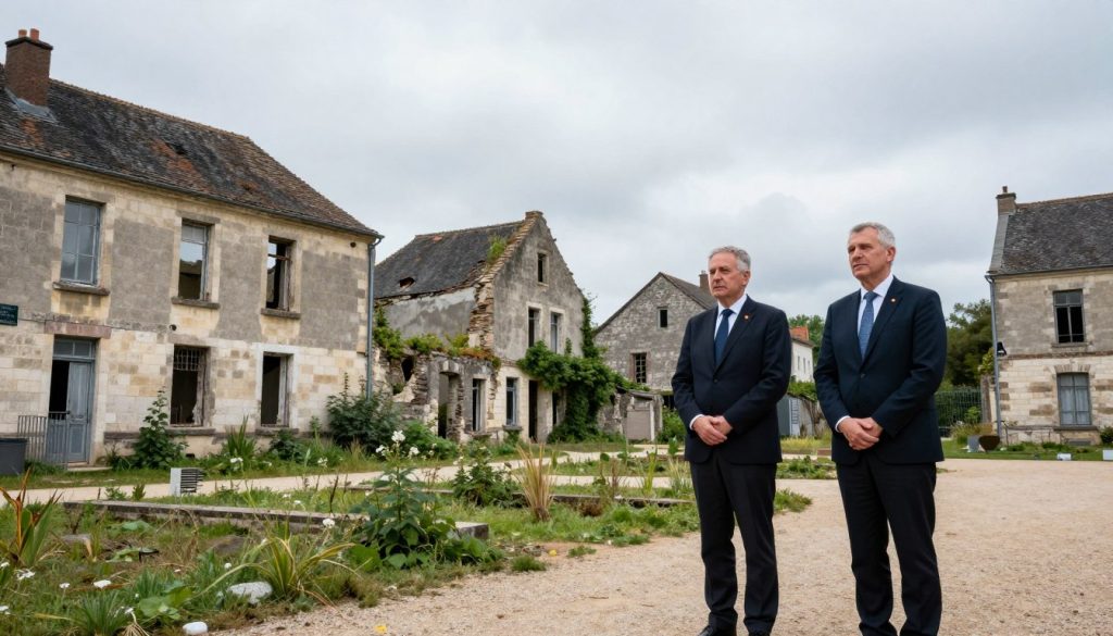 A poignant scene capturing a historic visit by the German and French presidents at the haunting ruins of Oradour-sur-Glane, France. In the foreground, the two leaders, dressed in professional business attire, stand solemnly, reflecting on the village's tragic past. The middle ground features the preserved, abandoned buildings, overgrown with weeds, showcasing the dilapidated façade of the old town square. The background reveals a somber sky with soft, diffused lighting that highlights the emotional weight of the moment. The image conveys a sense of remembrance and respect, evoking a stillness as if time has truly stopped in this historical site, emphasizing the importance of memory and reconciliation. The composition uses a slightly low angle to enhance the gravity of the scene.
