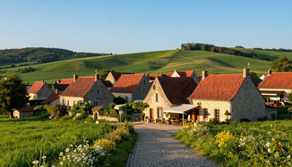 A serene French village before the war, showcasing beautiful old stone houses with traditional red-tiled roofs, surrounded by lush green fields and blooming wildflowers. In the foreground, a cobblestone path winds through the village, leading to a quaint little market square. On one side, there's a small café with tables set outside, inviting visitors to enjoy the peaceful atmosphere. The middle ground features gently rolling hills under a clear blue sky, with soft sunlight casting warm golden hues on the scene. In the background, distant forests frame the village, enhancing the sense of tranquility. The mood is nostalgic, evoking a sense of time standing still, perfect for illustrating a moment before turmoil.