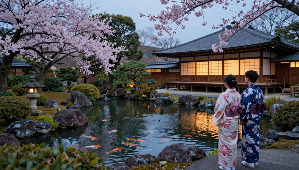 A serene Japanese garden at dusk, showcasing traditional elements such as a koi pond filled with colorful fish, meticulously arranged rocks, and blooming cherry blossom trees. In the foreground, a couple dressed in elegant yukatas admires the view, embodying the grace of Japanese culture. The middle layer features a decorative stone lantern and lush greenery, creating a harmonious balance with the pond's shimmering reflections. In the background, a classic wooden teahouse with paper windows softly illuminated by warm light, set against a twilight sky. The scene captures the tranquility and beauty of Japanese traditions, with gentle lighting enhancing the peaceful atmosphere, providing a sense of reflection and respect for cultural heritage. The composition is captured from a low angle, giving depth and immersing the viewer in the captivating setting.