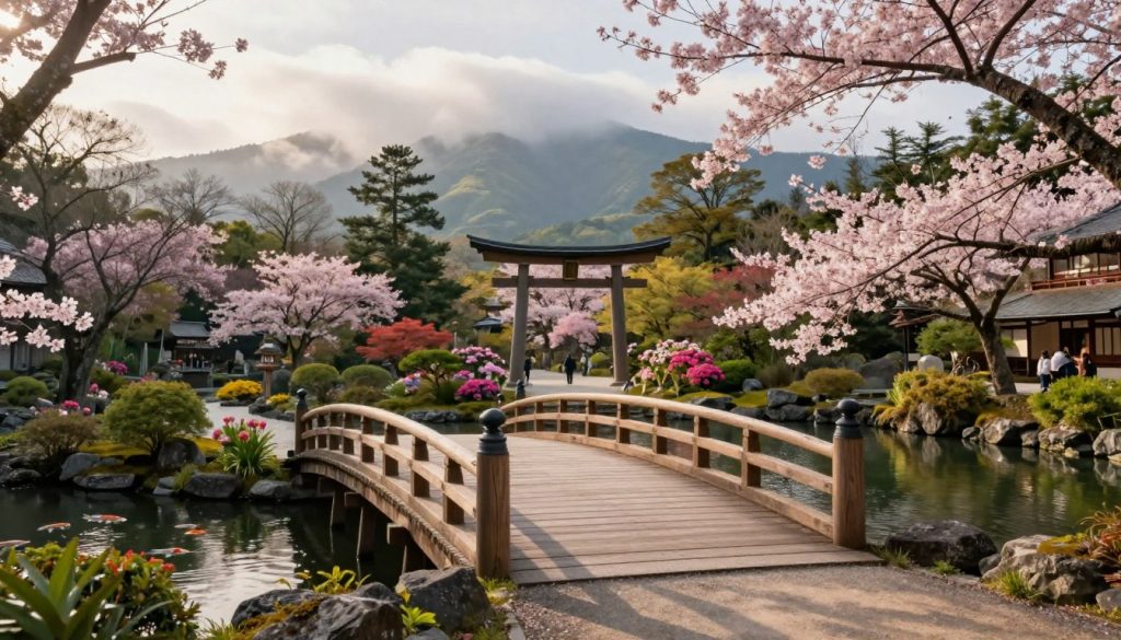 A serene Japanese landscape showcasing the enchanting beauty of Japan. In the foreground, a traditional wooden bridge arches over a tranquil koi pond framed by lush greenery and colorful cherry blossoms. The middle ground features an elegant torii gate surrounded by vibrant flowers, symbolizing the harmony between nature and spirituality. In the background, rolling hills are adorned with misty mountains partially shrouded in clouds, creating a sense of mystery. Soft, warm sunlight filters through the trees, casting gentle shadows on the path, enhancing the tranquil atmosphere. The overall mood is peaceful and reflective, inviting viewers to explore the captivating contrasts of Japan’s natural beauty and cultural heritage. The scene is depicted with a slightly elevated angle to capture the depth and charm of this picturesque setting.