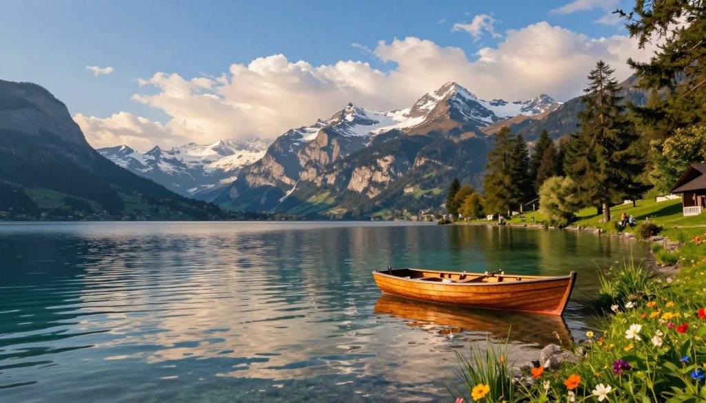 A serene Swiss lake scene, showcasing the breathtaking beauty of Switzerland's lakes. In the foreground, crystal-clear waters reflect the vibrant colors of the sky, with soft ripples dancing across the surface. A small wooden boat gently floats near the shore, surrounded by lush green grass and colorful wildflowers. In the middle ground, majestic mountains rise dramatically, their peaks capped with snow, contrasting against the bright blue sky. Pine trees frame the scene, adding depth and texture. In the background, soft, fluffy clouds drift lazily, casting gentle shadows on the landscape. The lighting is warm and inviting, suggesting late afternoon, creating a peaceful and enchanting atmosphere, perfect for capturing the allure of Switzerland’s natural beauty. The overall mood is tranquil and picturesque, inviting viewers to experience the calm and magic of Swiss lakes.