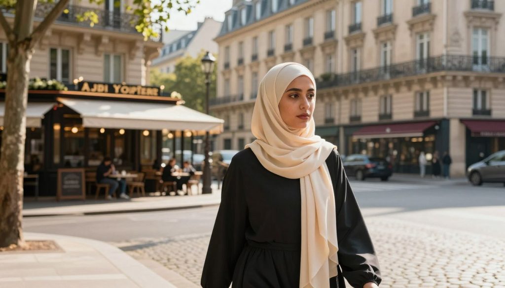 A serene street scene in Paris featuring a Muslim woman wearing a beautiful, elegant hijab walking along the cobblestone streets. In the foreground, her face reflects a sense of contemplation, emphasizing cultural identity. She is dressed in modest yet stylish clothing, combining traditional elements with contemporary fashion. In the middle ground, Parisian architecture, such as charming cafes and historic buildings, creates a rich cultural backdrop. Soft morning light filters through the trees, casting gentle shadows and enhancing the warm color palette of the scene. The atmosphere is peaceful yet vibrant, capturing the essence of a multicultural city. This composition invites viewers to reflect on the cultural and religious dynamics in urban spaces like Paris.