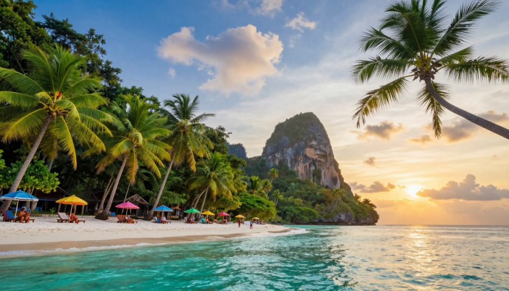 A serene tropical island scene in Indonesia, showcasing vibrant green palm trees swaying gently in the warm breeze. In the foreground, clear turquoise waters lap against white sandy beaches dotted with colorful beach umbrellas and sun loungers. A few people, dressed in modest casual beach attire, enjoy the sun and the breathtaking view. In the middle ground, lush cliffs rise dramatically, framed by dense, tropical foliage. In the background, azure skies are painted with soft, wispy clouds, while a warm golden sun descends towards the horizon, casting a magical glow over the landscape. The overall mood is tranquil and inviting, reflecting the enchanting beauty of Indonesia's tropical islands, captured in vibrant detail with soft, natural lighting and a wide-angle perspective to encompass the picturesque scenery.