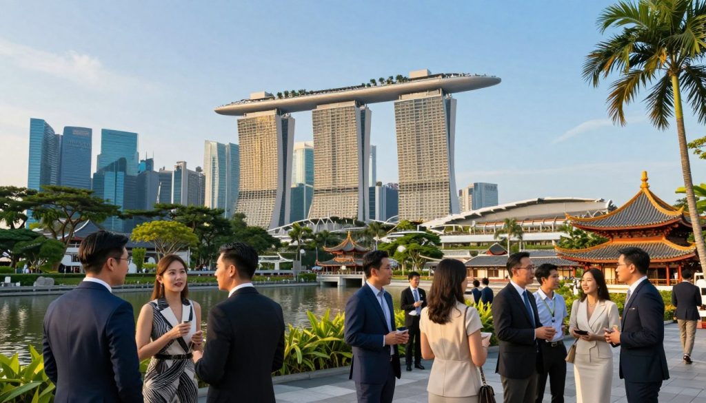 A vibrant and modern scene in Singapore showcasing the fusion of Asian charm and contemporary luxury. In the foreground, a diverse group of elegantly dressed professionals (male in suits, females in stylish business attire) are engaged in a lively conversation, highlighting a cosmopolitan atmosphere. The middle ground features the iconic Marina Bay Sands, surrounded by lush greenery and cultural elements reminiscent of traditional Asian architecture. The background reveals a stunning skyline of modern skyscrapers under a clear blue sky, with the sun casting warm, golden light, creating a welcoming ambiance. The overall mood is one of sophistication, cultural richness, and vibrancy, capturing the essence of Singapore as a top destination.