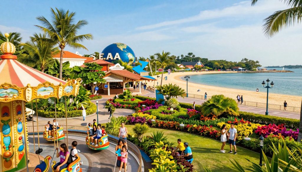 A vibrant image of Sentosa Island, Singapore, showcasing a complete entertainment world. In the foreground, families of diverse ethnicities enjoying attractions, some children laughing on a carousel, while others explore lush tropical gardens. The middle ground features iconic structures like Universal Studios and the S.E.A. Aquarium, surrounded by palm trees and colorful flowers, creating a lively atmosphere. In the background, the sandy beaches meet clear blue waters under a bright, sunny sky, symbolizing relaxation and fun. Warm, inviting sunlight enhances the vivid colors of the scene. The composition captures the joyful essence of this popular destination, ideal for exploring culture and entertainment, viewed from a slightly elevated angle for depth.