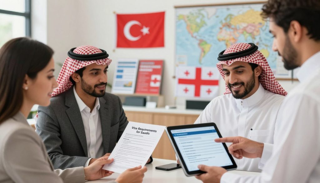 A vibrant, informative composition depicting "Visa Requirements for Saudis." In the foreground, a diverse group of three people dressed in professional business attire, two Saudi individuals holding a visa application form, engaged in discussion, while a representative from a travel agency points to a digital tablet showing a checklist of requirements. In the middle ground, a blurred image of the flags of Turkey and Georgia, symbolizing travel options, adds context. The background features a welcoming travel office with brochures and maps of both countries, illuminated by soft natural lighting. The overall mood is optimistic and collaborative, showcasing the journey of planning a trip with positivity and professionalism.