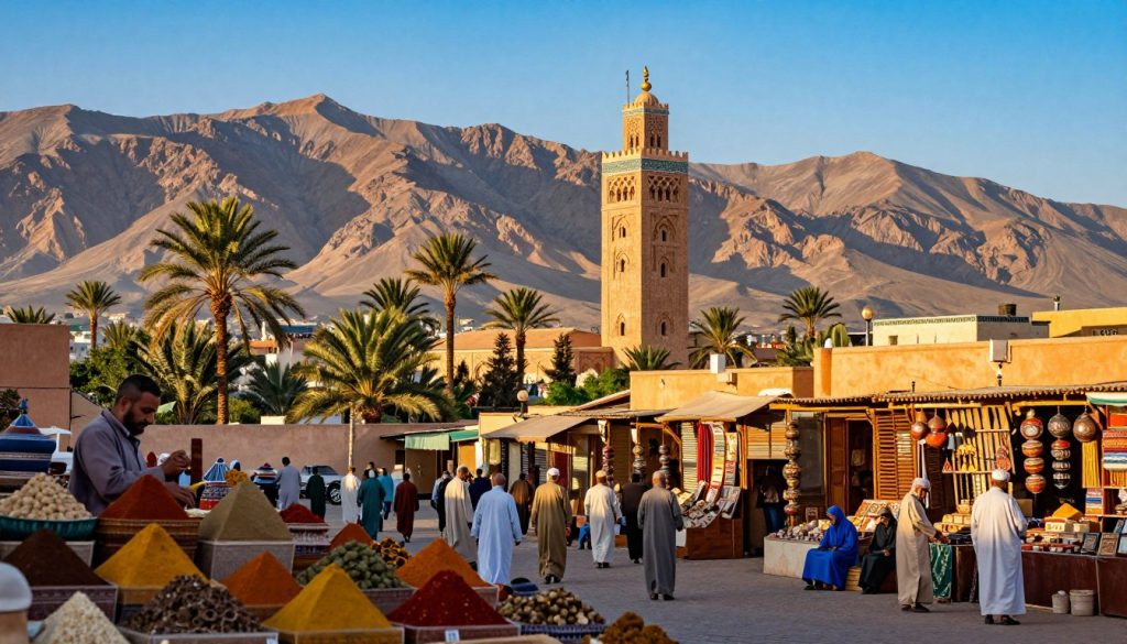 A vibrant landscape showcasing the iconic tourist attractions of Morocco, featuring the majestic Atlas Mountains in the background under a clear blue sky. In the foreground, depict bustling souks filled with colorful spices, traditional crafts, and friendly local artisans in modest clothing. The middle ground includes a stunning view of Marrakech's Koutoubia Mosque with its intricately designed architecture, surrounded by lush palm trees. Capture warm, golden hour lighting to enhance the rich colors and create an inviting atmosphere. Focus on a wide-angle view to encompass both the natural beauty and cultural vibrancy of Morocco, evoking a sense of wonder and exploration. The overall mood is lively and enchanting, illustrating the diverse cultural and natural allure of this magical destination.