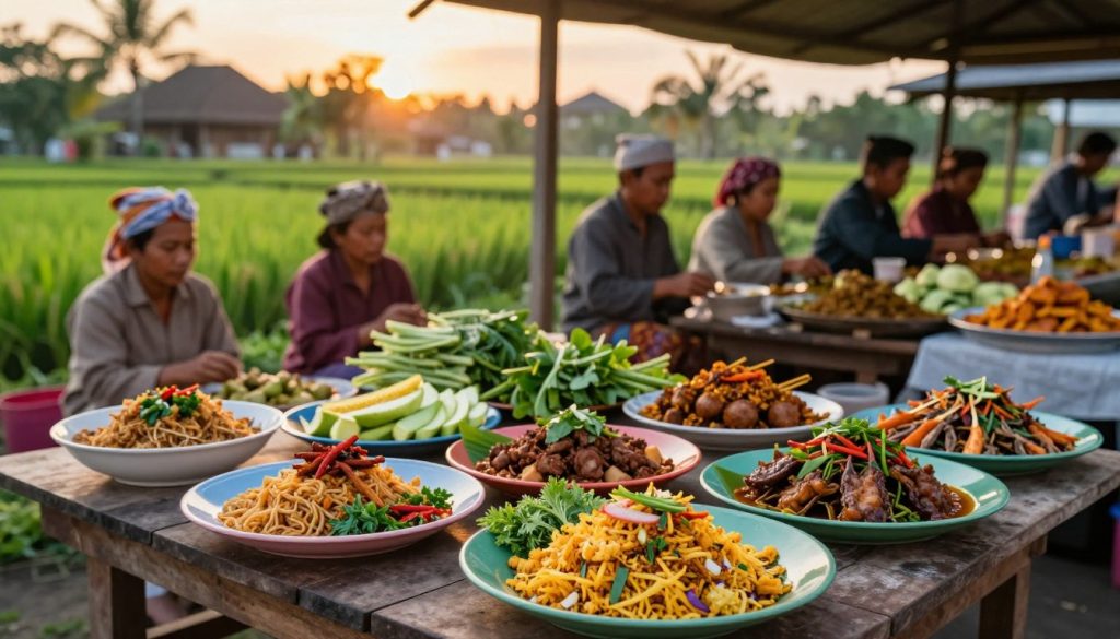 A vibrant market scene showcasing traditional Balinese dishes. In the foreground, a wooden table laden with colorful plates of Nasi Goreng and Satay, beautifully arranged with fresh herbs and spices. The middle ground features vendors in modest, traditional attire displaying fresh produce and spices, contributing to a lively atmosphere. In the background, the lush greenery of Bali, with palm trees and rice paddies under a soft, golden sunset light, enhances the enchantment of the scene. The image should have warm, inviting lighting, shot with a slight tilt-shift effect to emphasize the food and vendors. Capture the rich textures and colors of the dishes, conveying a sense of culinary delight and local culture, creating an inviting, harmonious mood.