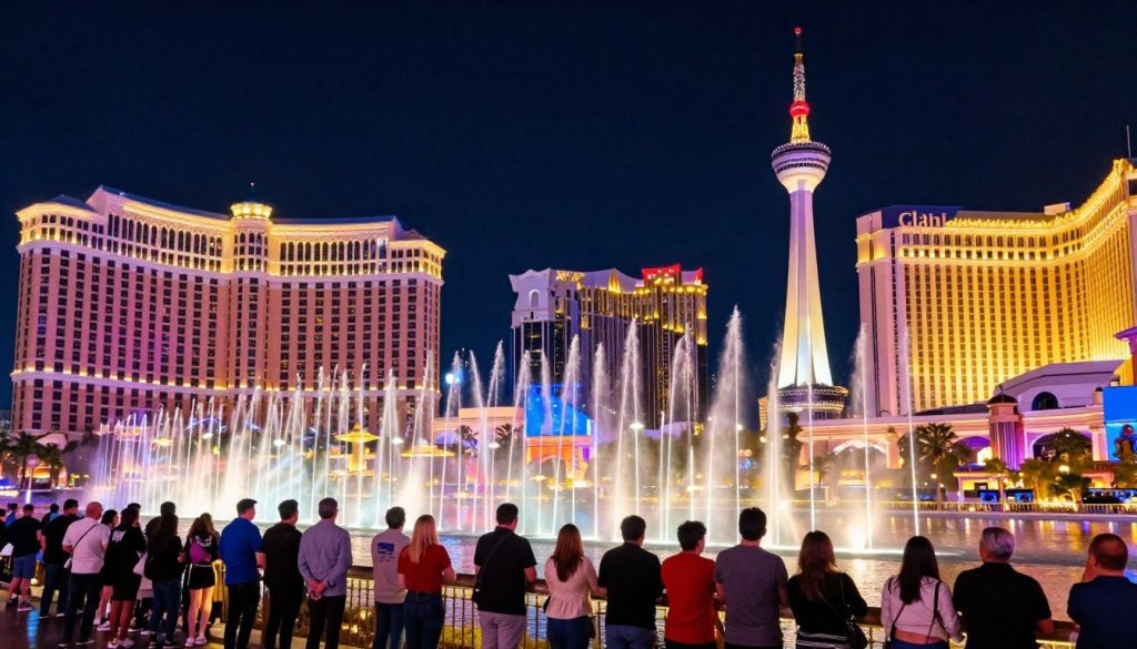 A vibrant nighttime scene of Las Vegas Strip, showcasing iconic landmarks like the gleaming lights of the Bellagio fountains and the towering Stratosphere. In the foreground, a bustling crowd of tourists dressed in smart casual attire can be seen enjoying the atmosphere. The middle ground features the shimmering reflections of neon signs and luxurious hotel facades, bathed in bright colors of pink, blue, and gold. The background reveals a clear starry sky, enhancing the magical feeling of the city that never sleeps. The image should have a dynamic angle, capturing the excitement and energy of the strip, with soft yet vivid lighting that adds to the festive mood. The overall atmosphere is one of joy and celebration, epitomizing Las Vegas as the global entertainment capital.