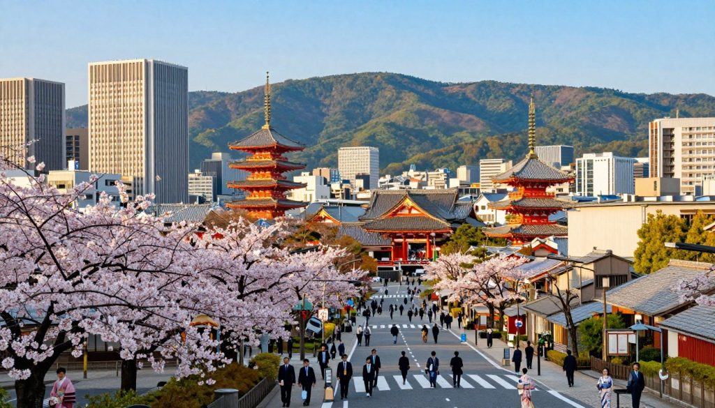 A vibrant, panoramic view of Japan's major cities, showcasing the diverse architecture and cultural elements of places like Tokyo, Kyoto, and Osaka. In the foreground, cherry blossom trees bloom, symbolizing spring, with a bustling street featuring people dressed in professional business attire and traditional kimono. The middle ground highlights a mix of modern skyscrapers and historic temples, with busy pedestrian crossings. The background features lush, green mountains under a clear blue sky. The scene is bathed in warm, golden sunlight, creating a lively yet serene atmosphere. Use a wide-angle lens perspective to capture the scale and diversity of these urban landscapes, evoking a sense of wonder and exploration.