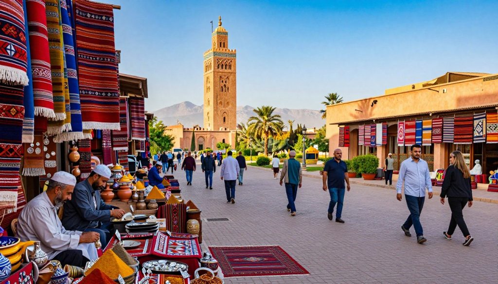 A vibrant scene of Marrakech, showcasing the bustling souks filled with colorful textiles, handcrafted pottery, and exotic spices. In the foreground, local artisans in modest clothing are engaged in their crafts, displaying intricate handwoven rugs and silver jewelry. The middle ground features the iconic Koutoubia Mosque, with its stunning architecture and lush gardens surrounding it, while cheerful shoppers stroll along the vibrant pathways. The background captures the Atlas Mountains under a clear blue sky, highlighting the natural beauty near the city. The lighting is warm and inviting, evoking a sense of lively energy, perfect for a sunny day. The image should be shot from a slightly elevated angle to capture the dynamic atmosphere and rich cultural tapestry of this enchanting Moroccan city.
