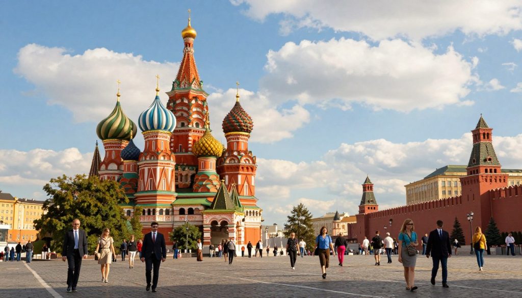 A vibrant scene of Moscow showcasing its rich culture and iconic landmarks. In the foreground, a bustling street with people in professional business attire and modest casual clothing, capturing the energy of the city. The middle features the magnificent Saint Basil's Cathedral, with its colorful onion domes, and the historic Red Square. The background displays the grand Kremlin walls, set against a bright blue sky filled with soft, white clouds. The lighting is warm and inviting, simulating late afternoon sunshine that casts pleasant shadows. The mood is lively and optimistic, reflecting Moscow as a dynamic capital bustling with life. Capture this atmosphere with a wide-angle lens to emphasize the grandeur of the architecture and the vibrancy of everyday life in the city.