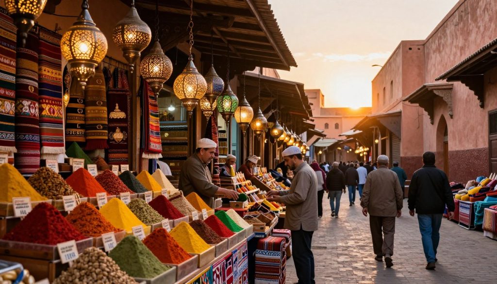 A vibrant scene of a traditional Marrakech market, brimming with life and culture. In the foreground, a colorful array of spices and textiles displayed on wooden stalls, their rich hues capturing the eye—reds, yellows, and greens. Shoppers, dressed in modest casual clothing, interact with local vendors, creating a dynamic atmosphere. The middle layer features intricately designed lanterns hanging overhead, casting warm, inviting light. The background reveals the historic architecture of Marrakech, with its iconic terracotta buildings and bustling narrow alleyways. The sun is setting, creating a golden glow that enhances the vivid colors and deep shadows, adding a sense of enchanting warmth and celebration to the scene, inviting viewers to experience the essence of Moroccan culture and tradition.