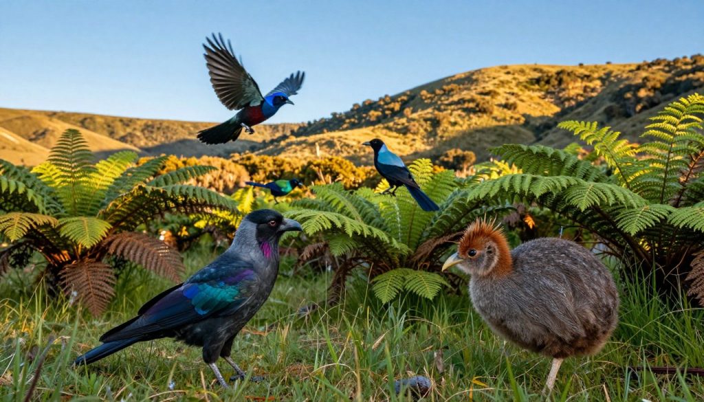 A vibrant scene showcasing unique New Zealand birds in their natural habitat. In the foreground, a colorful kea and a majestic kiwi bird stand among lush green ferns, capturing the essence of New Zealand's wildlife. In the middle ground, a variety of other native birds like the tui and the fantail flutter around gracefully, adding movement and life to the scene. The background features rolling hills dotted with native bush, bathed in warm, golden sunlight, creating a serene and inviting atmosphere. The image is taken from a low angle to highlight the birds against a clear blue sky, emphasizing the vastness of nature. The mood conveys tranquility and the unique beauty of New Zealand's wild landscapes, focusing on the splendor of its avian species.