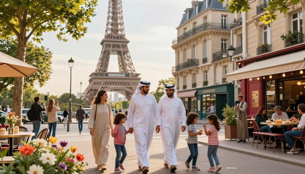 A vibrant street scene in Paris showcasing family-friendly attractions, emphasizing the Eiffel Tower in the background, bathed in golden hour light. In the foreground, a Saudi Arabian family, dressed in modest casual attire, strolls together on a tree-lined avenue with blooming flowers, enjoying pastries from a nearby café. Children are playfully interacting, while parents capture the moment with a camera. The middle ground features charming Parisian architecture, colorful storefronts, and street artists, evoking a cheerful atmosphere. The image should be bright and inviting, conveying a sense of joy and exploration, with soft focus details highlighting the family's connection to their surroundings. Use a wide-angle lens to capture a bustling yet warm environment, creating an inviting mood for families considering a visit to Paris.