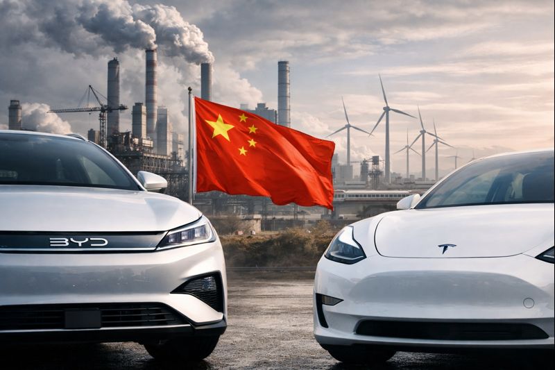 سيارتان كهربائيتان أمام محطة شحن في الخليج، إحداهما تعكس هوية BYD والأخرى Tesla في مقارنة واقعية