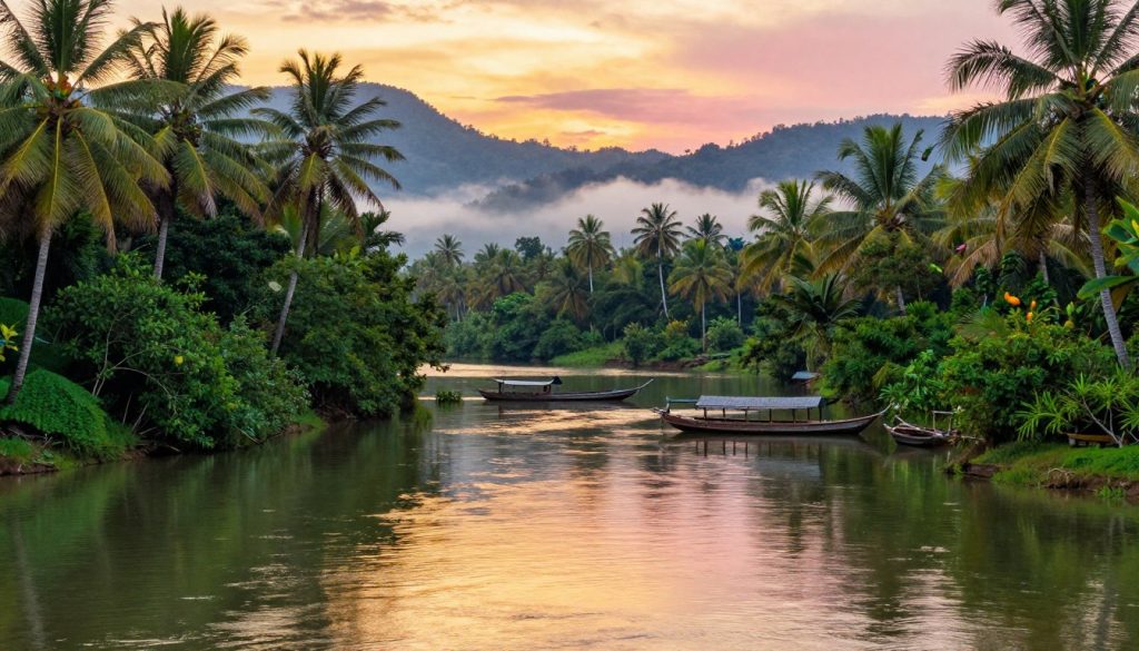 Lush tropical landscapes of Malaysia and Indonesia, showcasing a harmonious blend of vibrant green rainforests, towering palm trees, and serene lakes surrounded by misty mountains. In the foreground, a tranquil river flows gently, reflecting the colors of the sky during sunset, with soft golden and pink hues. In the middle ground, traditional wooden fishing boats float on the water, hinting at local culture. The background features dense foliage and unique wildlife, such as colorful birds perched among the trees. The scene is illuminated with warm, natural lighting, creating a peaceful and inviting atmosphere. The composition should be captured from a slightly elevated angle, drawing the viewer into this picturesque natural escape.