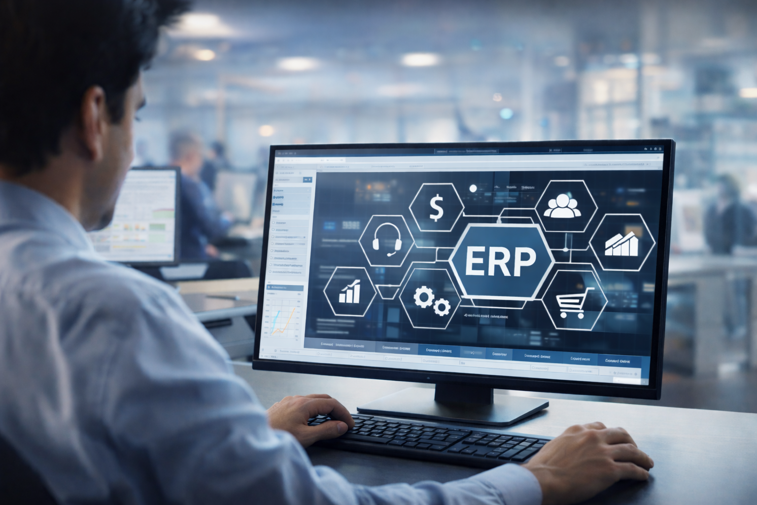 موظف يعمل على شاشة تعرض نظام ERP مع أيقونات مالية وموارد بشرية ومبيعات، في مكتب حديث يوحي بتكامل الأنظمة.