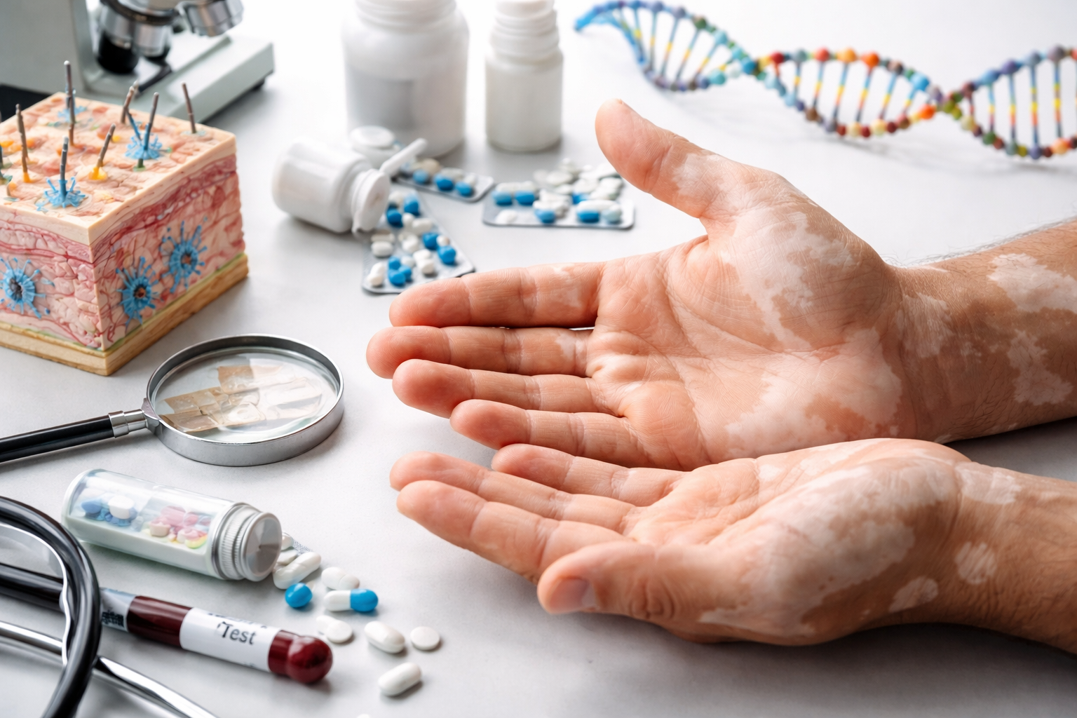 يدان لشخص مصاب بالبهاق مع بقع فاتحة واضحة بجانب أدوات طبية توحي بفحص المناعة والوراثة والعلاج.