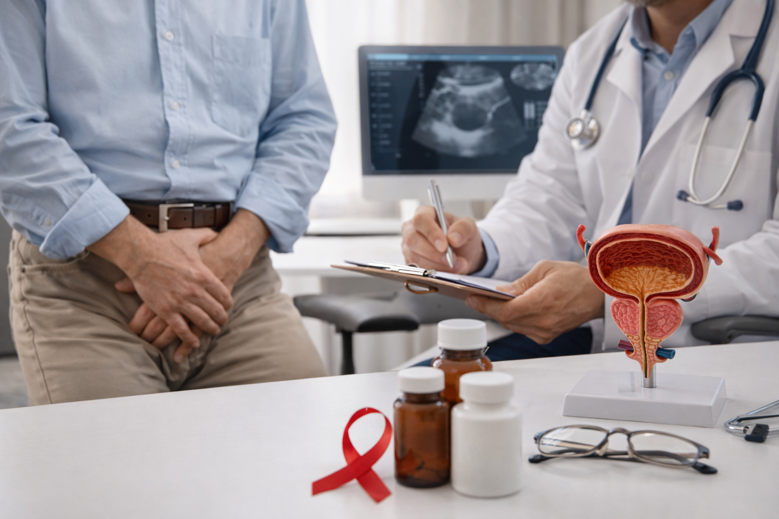 مريض في عيادة يناقش أعراض البروستات مع طبيب، مع شاشة سونار ونموذج تشريحي للبروستات بوضوح واقعي