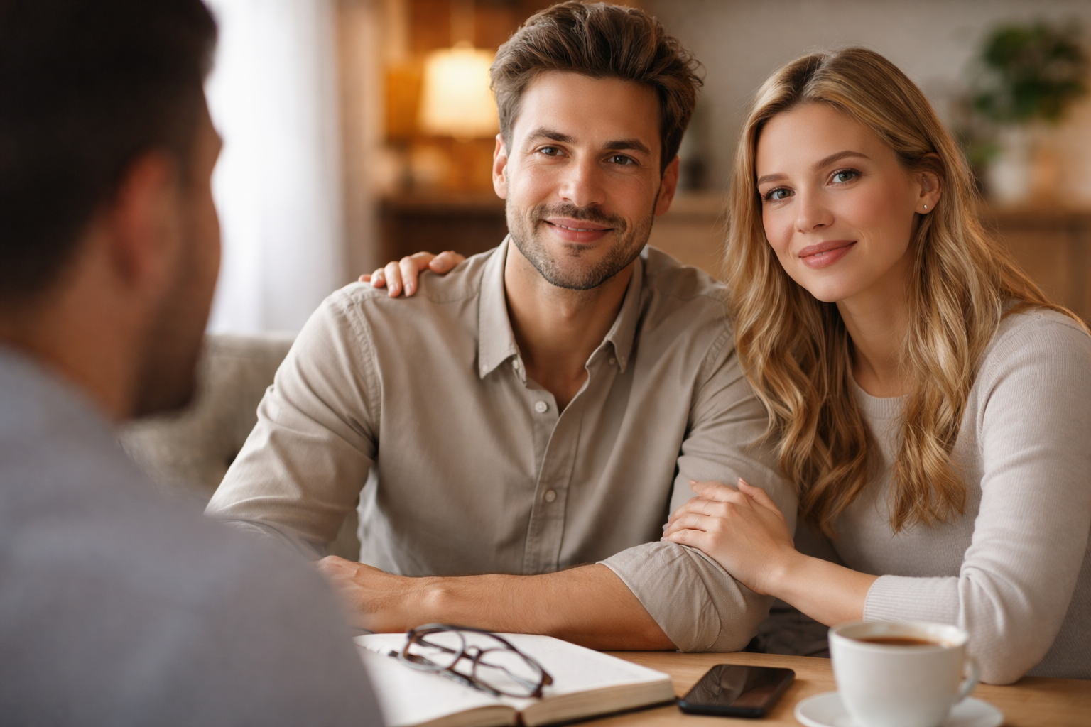 زوجان ينصتان لشخص أمامهما بابتسامة وارتياح في جلسة حوار، ما يوحي بثقة سريعة بلا دليل واضح