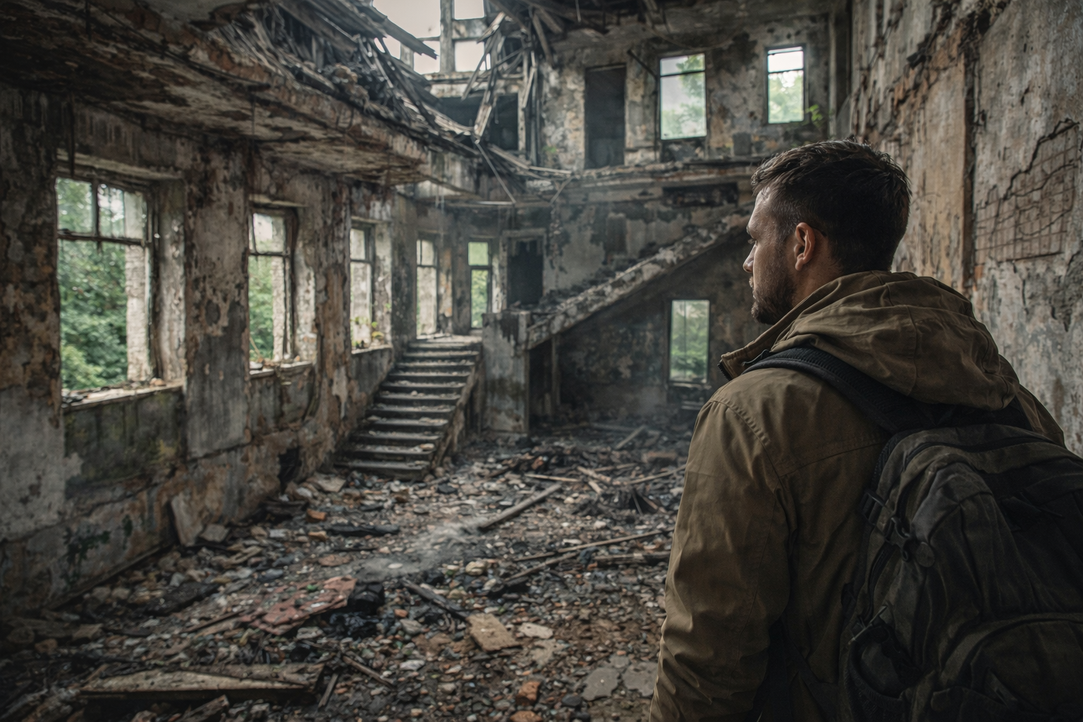 مستكشف يقف داخل مبنى مهجور متداعٍ، يراقب آثار الإهمال والانهيار في مشهد واقعي صامت.