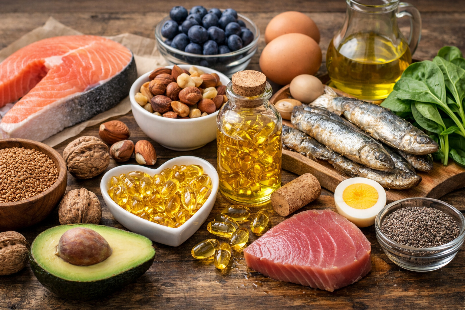 صورة واقعية لأطعمة غنية بأوميجا 3: سلمون وسردين وجوز وأفوكادو وبذور مع كبسولات زيت السمك