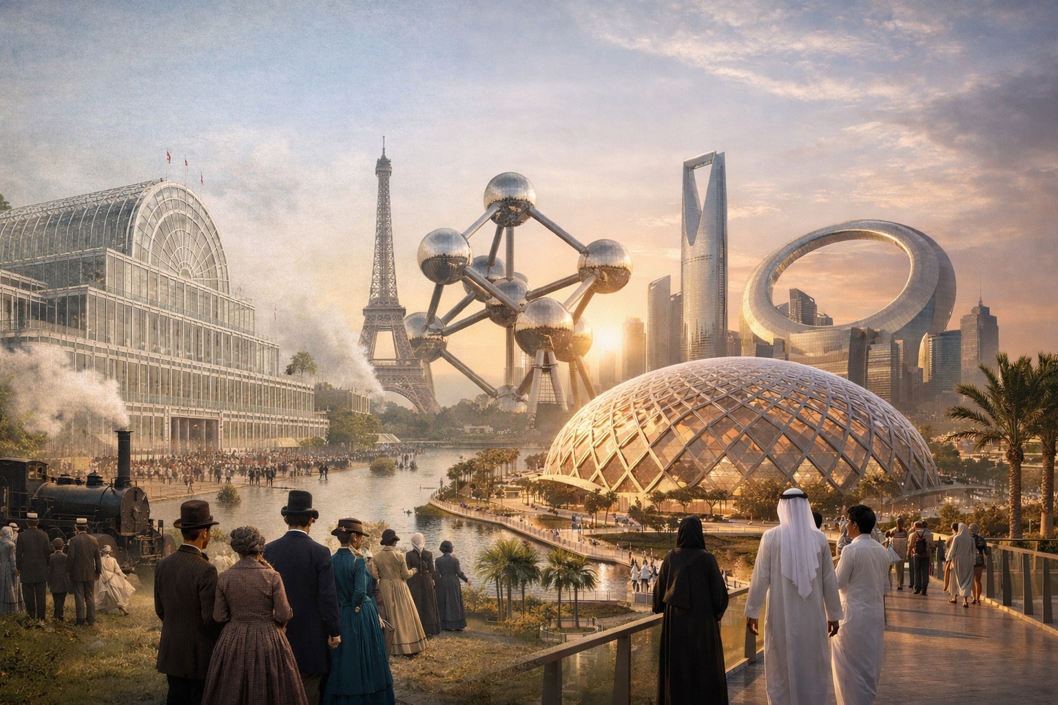 لقطة واقعية لموقع إكسبو الرياض 2030 مع تلميح بصري لقصر الكريستال 1851 كخلفية تاريخية