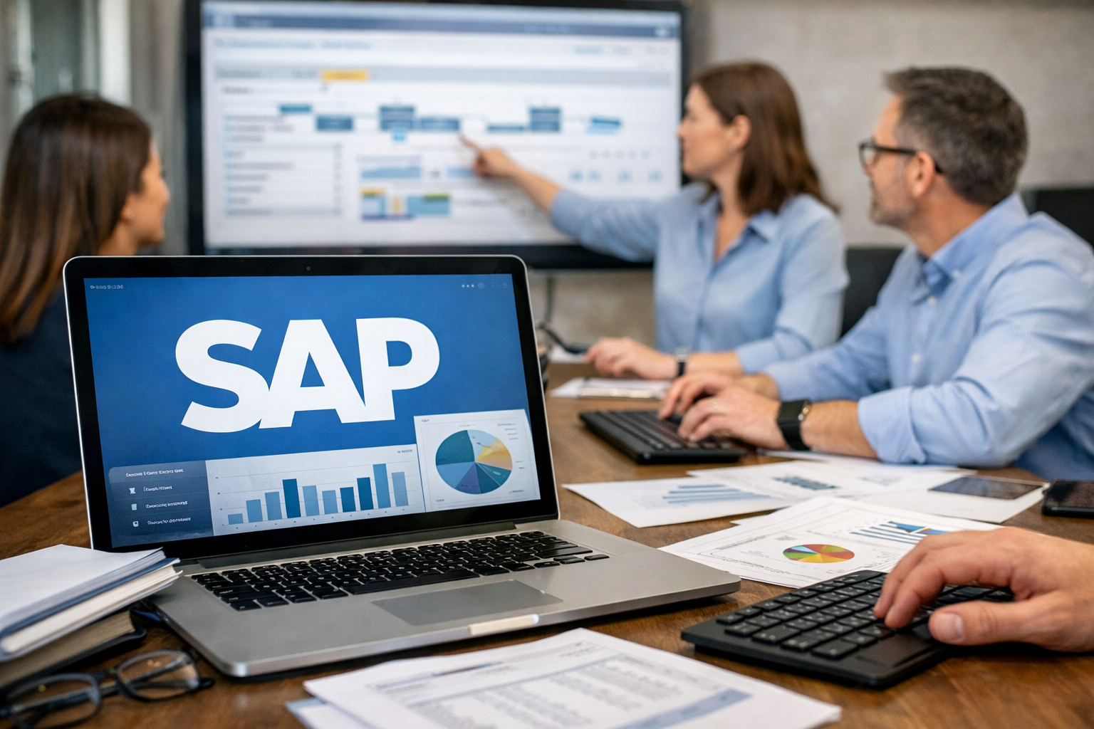 لقطة واقعية لفريق عمل يراجع لوحة تحكم SAP على شاشة كبيرة مع لابتوب وتقارير أداء مالية على الطاولة.