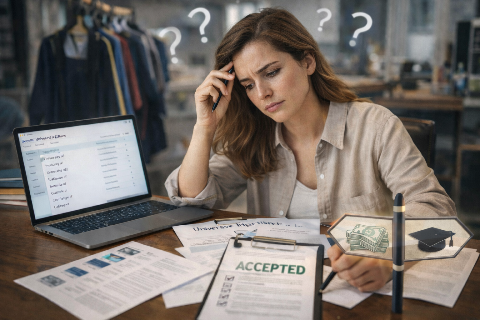 طالبة تجلس أمام أوراق قبول جامعي وحاسوب وتفكر بحيرة في ترتيب الرغبات واختيار التخصص المناسب