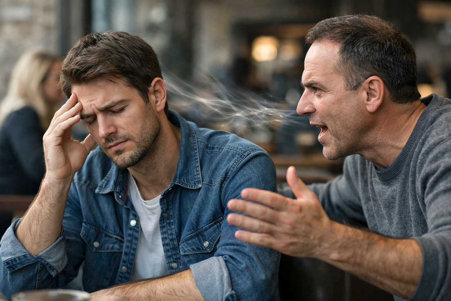 رجل يبدو منهكًا يضع يده على رأسه بينما يجلس أمامه شخص متوتر يضغط عليه بصمت في مقهى هادئ.
