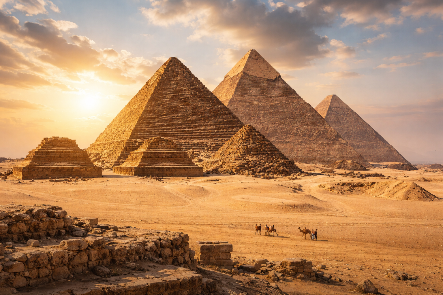 صورة واقعية للأهرامات بالجيزة عند الغروب تُبرز تفاصيل الأحجار ورمال الصحراء في مشهد تاريخي واضح ودقيق.