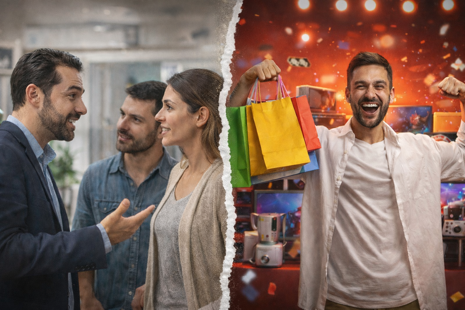 مشهد واقعي يقارن بين بيع مهني هادئ قائم على الإقناع وبين عرض استعراضي صاخب يركز على لفت الانتباه