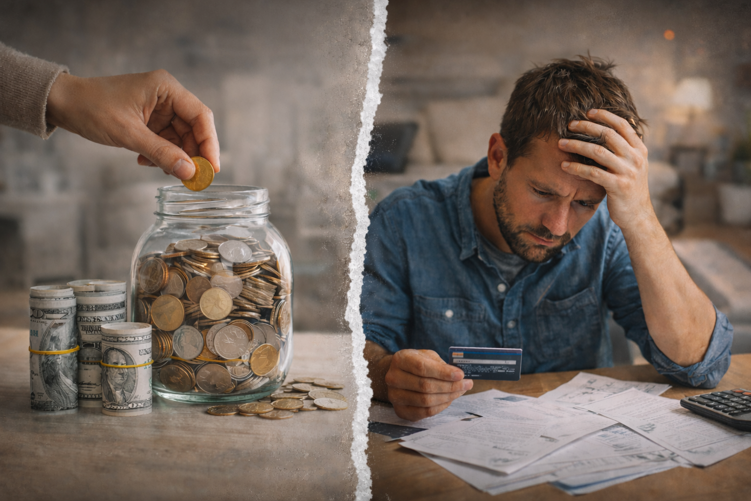 صورة واقعية تقارن بين ادخار المال في وعاء زجاجي وبين شخص متوتر يراجع بطاقة بنكية وفواتير متراكمة