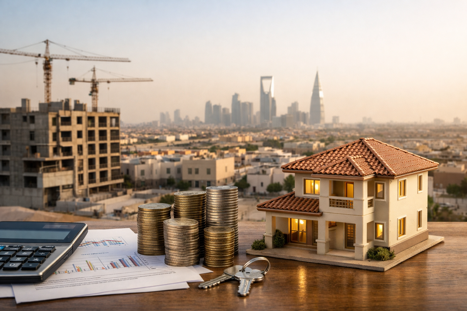 مجسم فيلا وعملات ومخططات أمام أفق الرياض، يرمز لاستثمار عقاري في حي الملقا والعوائد والمخاطر.