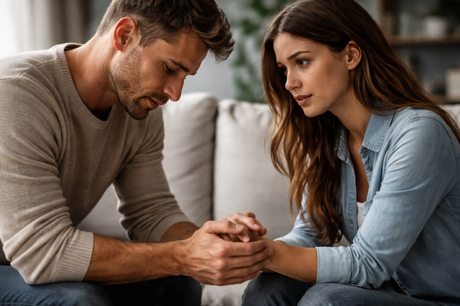 رجل يعتذر بصدق ويمسك يد امرأة في جلسة هادئة، لحظة تعبّر عن الشجاعة العاطفية وإصلاح العلاقة.