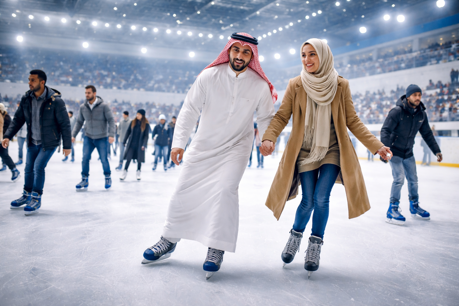 متزلّج على حلبة جليدية داخلية بإضاءة شتوية ناعمة، يوازن خطواته الأولى بثقة وسط أجواء باردة واقعية.